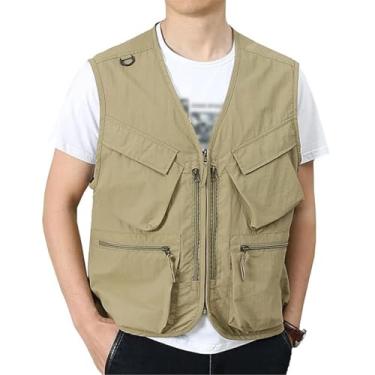 Imagem de Colete De Pesca E Safari Para Exterior, Colete De Homem Plus Size Com Fecho Malha Respirável Sem Mangas Gola Em V Para Pesca, Casaco Top Fotografia Caça E Caminhada Primavera(Khaki,L)