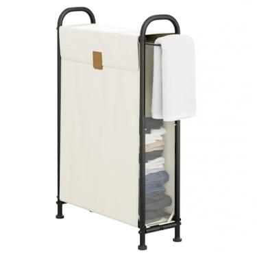 Imagem de StorageWorks Cesto de lavanderia fino com tampa dobrável, cesto de roupa estreito com ganchos, organizador de roupas de malha respirável para armário, lavanderia, banheiro, bege