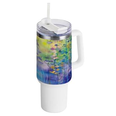 Imagem de xigua Copo vintage de flores silvestres de 1,134 g com alça e canudo, aço inoxidável duplo isolado a vácuo garrafa de água suporte de copo de garrafa de água amigável à prova de vazamento copo de