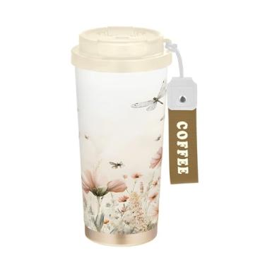 Imagem de SEHANY Caneca de viagem colorida de ervas silvestres de 500 ml Copos de café reutilizáveis revestidos de cerâmica com tampa à prova de vazamento, parede dupla, isolamento a vácuo, copo de café de aço