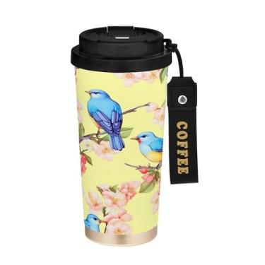 Imagem de SEHANY Caneca de café de viagem Blue Birds 482 g com tampa revestida de cerâmica e à prova de vazamento, parede dupla, isolada a vácuo, copo de aço inoxidável para bebidas quentes e frias