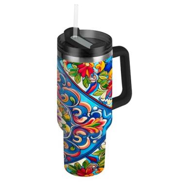 Imagem de Blueangle Copo de cerâmica mexicano de 1,134 g com alça e tampa de palha, caneca de viagem de aço inoxidável isolada a vácuo de parede dupla, garrafa de água reutilizável para academia de escritório