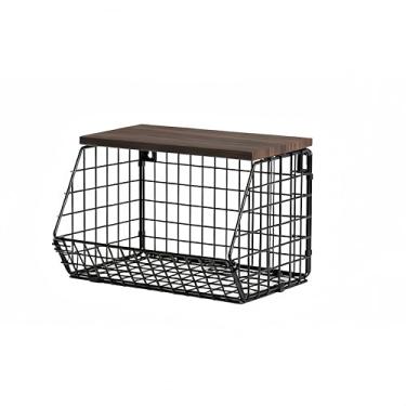 Imagem de Cesta de frutas montada na parede com tampa de madeira, armazenamento de cozinha suspenso para frutas, legumes, batatas, cebolas | Aço carbono resistente e madeira maciça, preto, organizador de