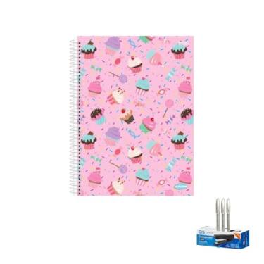 Imagem de Kit Caderno Feminino KBOM 10 Matérias Capa Dura 200 Folhas + Caneta Trigel Branca 0.8mm + Grampeador Metallic C-15