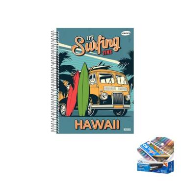 Imagem de Kit Caderno Masculino 1 Matéria com Capa Dura 96 Folhas + Caneta Trigel Metálica 10 Cores + Grampeador Metálico