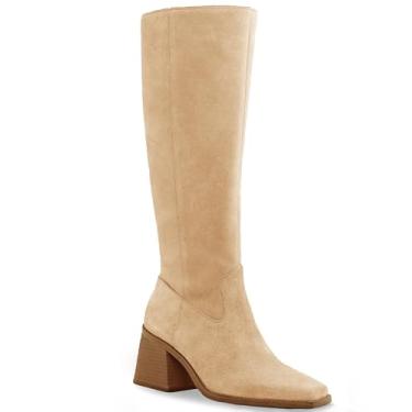 Imagem de Coutgo Botas femininas de cano alto, bico quadrado, salto grosso, sem fecho, botas de couro, Camurça cáqui, 9.5