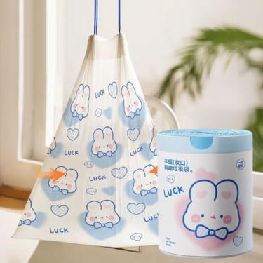 Imagem de 50 peças/rolos Saco de lixo descartável doméstico com cordão fofo coração azul coelho padrão espesso à prova de vazamento portátil cozinha banheiro sacos de lixo de mão, 45 x 41 cm