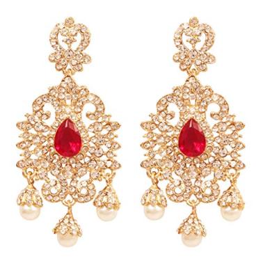 Imagem de Touchstone Brincos de joias de designer Chand Bali com cristais de bollywood indianos em tom dourado para mulheres