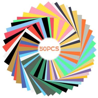 Imagem de Pacote de vinil de transferência de calor HTV de 50 folhas, 24 cores sortidas HTV Press Vinyl, 12,01" × 7,241.3 cm ferro em vinil para máquina de cortar roupas DIY camiseta tecido