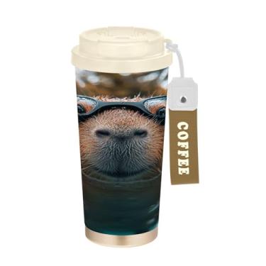 Imagem de STAYTOP Caneca de café de viagem com isolamento térmico de capivara fofa de 500 ml, copo de café reutilizável de aço inoxidável com tampa flip à prova de vazamento à prova de vazamento para escritório