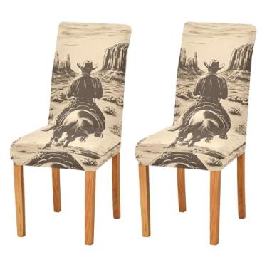 Imagem de STAYTOP Capas de cadeira vintage de cowboy para equitação no deserto, 2 peças, capas elásticas laváveis para cadeira de cozinha, protetor de assento removível para festas de fim de ano, cozinha, hotel
