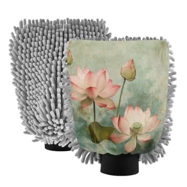 Imagem de STAYTOP Lindas luvas de lavagem de carro de flor de lótus em aquarela, 2 peças, luvas de microfibra de chenille, sem arranhões, panos de esponja de lavagem ultra absorventes para carros, limpeza