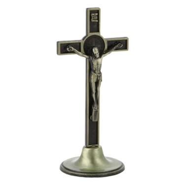 Imagem de HOBBIESAY Crucifixo em pé 11,5 cm H espiritual cristão Jerusalém estátua de cruz de bronze antigo com base crucifixo de liga de zinco cruz de mesa para parede de mesa decoração de igreja casa presente