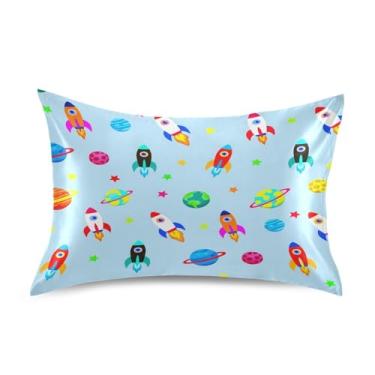 Imagem de Fronha de almofada de seda com manchas para pele e cabelo extra macia, resistente a rugas e desbotamento com fecho de envelope (tamanho padrão, 101,6 x 50,8 cm) | Foguetes coloridos