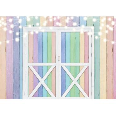 Imagem de XCKALI Pano de fundo de madeira colorido rústico para porta de madeira pastel para decoração de festa de aniversário e dia (2,4 x 1,8 m)