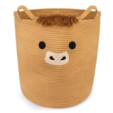 Imagem de Hkojewp Highland Cesta de vaca fofa para berçário, cobertor de roupa suja grande, cesta de presente, corda tecida de algodão para roupas, cesto de chá de bebê com alças de orelhas, caixas de roupas de