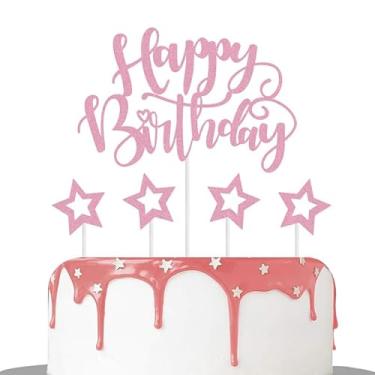 Imagem de 5PCS Glitter Happy Birthday Cake Topper Set with Hollow Star Decorations, Multi - Color Cake Decor Supplies for Birthday Party Dessert Table Decorations, pink