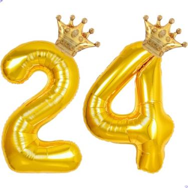 Imagem de 24 balões com números dourados de 101,6 cm para decorações de aniversário de 24 anos para homens e mulheres, balões gigantes de Mylar de 24 anos