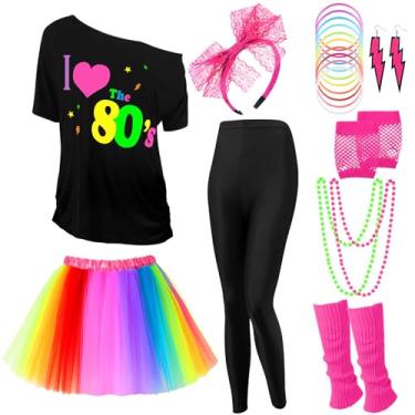 Imagem de Vabean Conjunto de 19 peças, fantasia dos anos 80, leggings, saia tutu, faixa de cabeça, colar, pulseiras, brincos, luvas, polainas femininas, Tutu arco-íris, GG