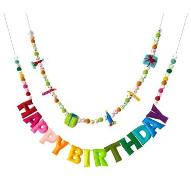 Imagem de 2 peças de banner pré-amarrado de feliz aniversário, decorações de festa arco-íris, guirlanda de bola de feltro de feliz aniversário, sinal de aniversário personalizado para decoração de aniversário
