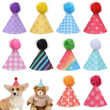 Imagem de Yolev 10 mini chapéus de festa coloridos mini chapéus de aniversário pequeno chapéu de cachorro pequeno com alça ajustável e glitter pompons chapéu para cães, gatos, animais de estimação, fantasia