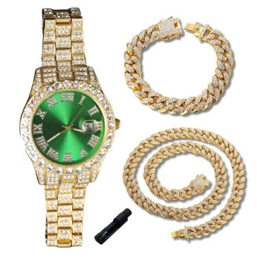 Imagem de genkigold Relógio de diamante dourado para meninos adolescentes - mostrador redondo com algarismos romanos de 42 mm em três cores - pulseira banhada a ouro real 18K de 20 cm - Inclui ferramenta de