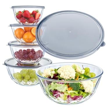 Imagem de Luvan Tigelas de vidro com tampas conjunto de 5 (0,85 qt, 1,11 qt, 1,69 qt, 2,85 qt, 4,7 qt), tigela de salada grande com padrão de diamante e tampas transparentes cinza, tigela de mistura