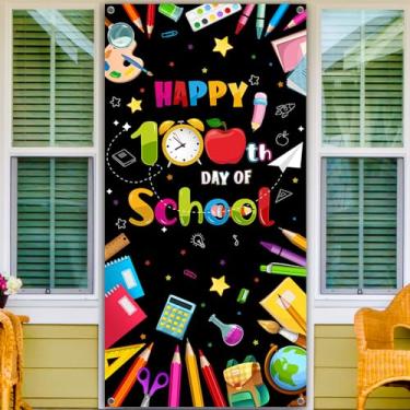 Imagem de 100th Day of School Door Banner Happy 100 Days Porch Sign for Kindergarten Preschool Primary School 100th Party Supplies Wall Hanging Decor Outdoor Black