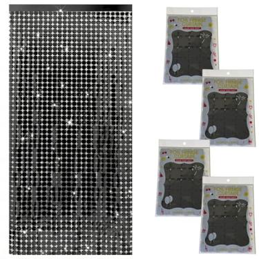 Imagem de Kit 4 Pçs Cortina Shimmer Metalizada Quadradinha 1x2m Painel Decorativo Para Festa Aniversários (Preto)