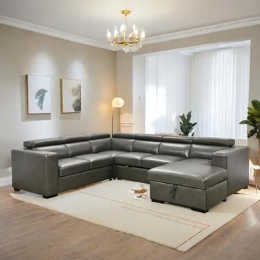 Imagem de ChicFurnit Sofá secional, sofá de 7 lugares com cama de puxar e reclinável do lado direito, sofá-cama estofado em forma de U de 123 polegadas com encosto de cabeça ajustável e travesseiro lombar