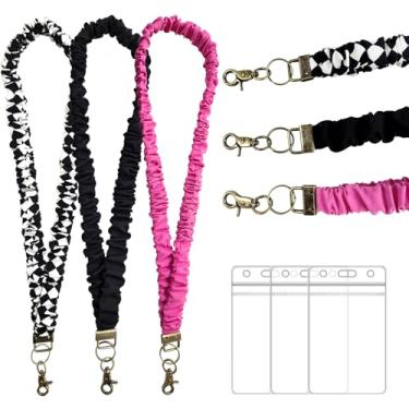 Imagem de Pacote com 3 cordões elásticos para cartão de identificação e chaves, chaveiro de pescoço fofo com porta-crachás verticais e fecho de clipe, cordões elásticos retráteis para professores, enfermeiras