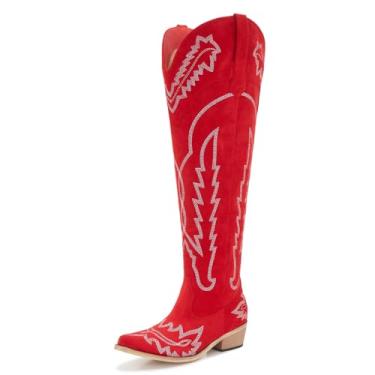 Imagem de Botas caubói femininas plus size acima do joelho com zíper lateral e bordado branco, botas cowgirl de camurça vermelha com salto médio estilo clássico ocidental, Vermelho, 9 Wide