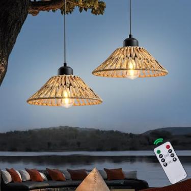 Imagem de HuixuTe Lustre suspenso para uso externo operado por bateria, luzes de gazebo ao ar livre com controle remoto, 4 pilhas AA (não incluídas), para decoração de gazebo, varanda, pátio - 2 unidades