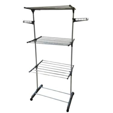 Imagem de Varal de Chão 3 Andares com Cabideiro, 6 Prateleiras Reguláveis, 4 Rodízios com Travas, Cinza, 170x70x65cm, Capacidade 48kg, Dobrável e Portátil