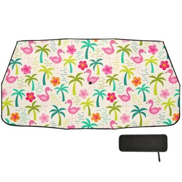 Imagem de Linda palmeira flamingo hibisco dobrável para-brisa carro proteção solar isolamento térmico caminhão janela persianas 147 x 75 cm capa de guarda-chuva de carro
