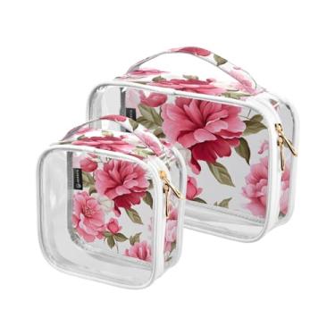 Imagem de GAIGEO Conjunto de bolsa cosmética transparente de flor de peônia rosa, bolsa de cosméticos com zíper duplo, bolsa de higiene pessoal tamanho viagem para mulheres, pacote com 2, Rosa floral - 6, one