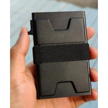 Imagem de Carteira masculina fina de metal de alumínio com placa traseira expansível durável, bolso frontal, porta-cartões de crédito para proteção RFID, presente para namorado, Preto, Moderno