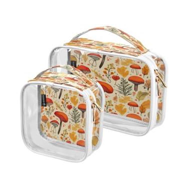 Imagem de GAIGEO Conjunto de bolsas de cosméticos transparentes de abóboras e folhas laranja, bolsa de higiene de plástico, bolsa de viagem feminina, pacote com 2, Cogumelo em aquarela e folhas de árvore-2, one
