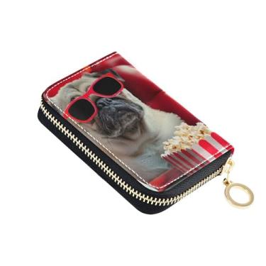 Imagem de Carteira de cartão de crédito com bloqueio de RFID, linda carteira feminina com zíper, bolsa de troca de moedas de couro com zíper, cachorro pug engraçado