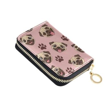 Imagem de Carteira feminina pequena com bloqueio de RFID, porta-cartões de crédito, carteira de couro com zíper com bolsa de moedas, estampa de pata de pug rosa