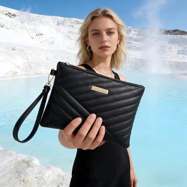 Imagem de Bolsa feminina de couro PU com textura listrada preta - Bolsa de mão ultrafina com zíper de grande capacidade com alça destacável, bolsa de telefone de 19 x 14 x 0,48 cm para trabalho, festas e