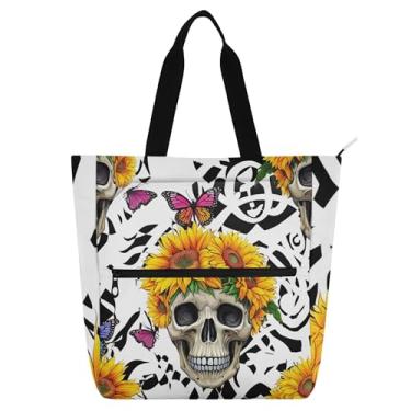 Imagem de GAIGEO Skulls Crown Vibrante Girassóis Livro Sacola para Mulheres Crianças Adolescentes com Zíper Lona Trabalho Escolar Viagem Bolsa