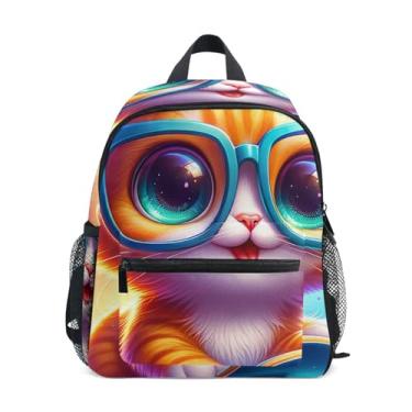Imagem de Bright Cute Cat Print Backpack for Toddler 10x4x12 In, Small Girls Backpack with Water Bottle Pockets, Whistle Buckle