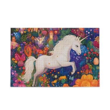 Imagem de Quebra-cabeça de jardim colorido de unicórnio branco, 500 peças, composto de papel e madeira para adultos com bolsa de armazenamento