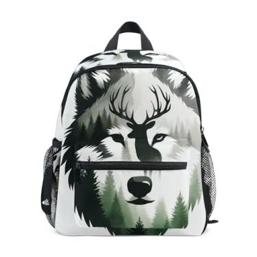 Imagem de GAIGEO Wolf Deer Watercolor Art Toddler Mini Backpack 10x4x12 In, Toddler Girl Backpack with Water Bottle Pockets, Whistle Buckle