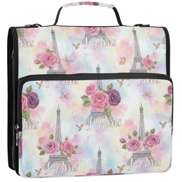 Imagem de Organizador de fichário elegante amor Paris rosa pastel com zíper 3 fichários 3,8 cm D fichários com alça bolsa escolar estojo portfólio de armazenamento com alça, 34,5 x 31,5 x 9 cm