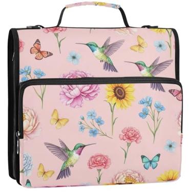Imagem de Organizador de fichário com zíper, beija-flores, aquarela, 3 anéis, fichário para documentos, resistente, com alça de ombro, suporte para 500 lençóis, 34,5 x 31,5 x 9 cm