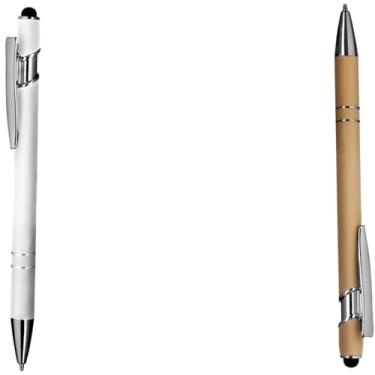 Imagem de Caneta esferográfica em metal com ponta touch escrita em azul Design moderno para anotações (Branco e Dourado 2)