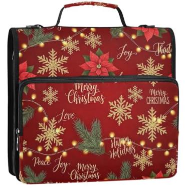 Imagem de Organizador de fichário fofo com zíper de 3,5 cm, 3 anéis, pasta de armazenamento de flocos de neve dourada, resistente, com alça para escola, 34,5 x 31,5 x 9 cm