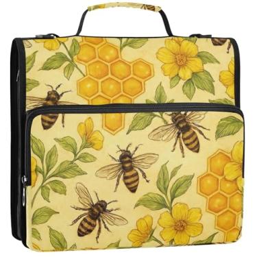 Imagem de Organizador de fichário com zíper amarelo, abelhas, desenhos animados, 3 argolas de 3 cm, fichários com alça para escola secundária, vários bolsos, pasta grande, 34,5 x 31,5 x 9 cm